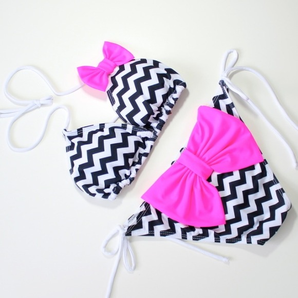 *reserved* Neon pink bow chevron bikini