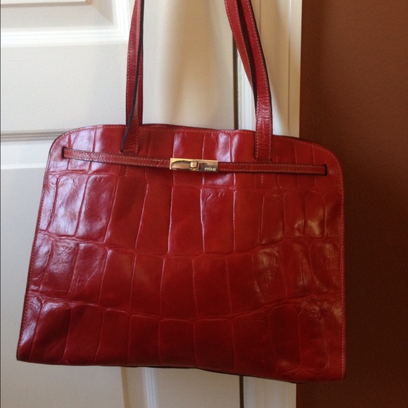 Prune crocodile printed leather bag..