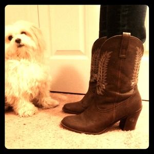 Vintage Brown Heeled Cowgirl Boots Unique Stitch 9