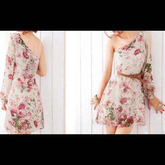 Retro Style One Shoulder Floral Long Sleeve Dress
