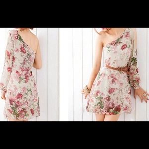 Retro Style One Shoulder Floral Long Sleeve Dress