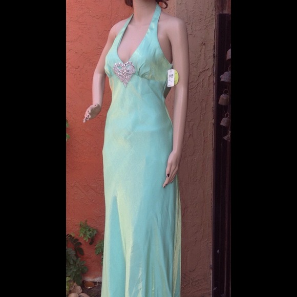 Silky Mint Halter Formal Prom Dress - Picture 2 of 4