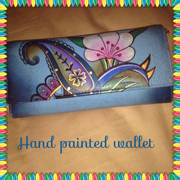 Hand painted wallet and gold necklace and earrings