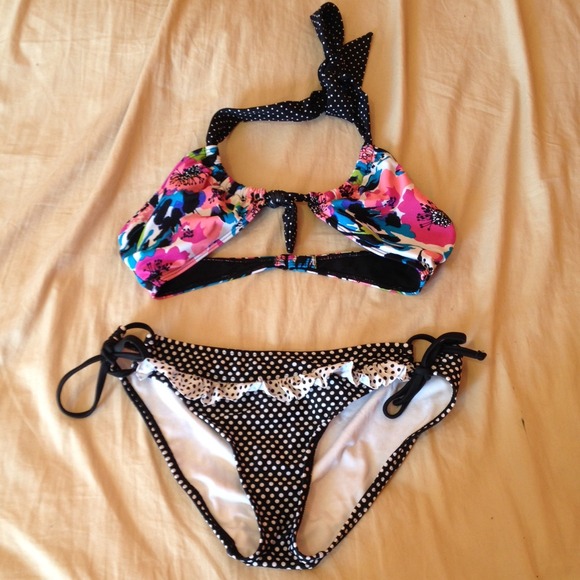 Floral and polka dot bikini.