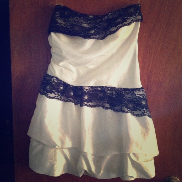 Cute short cream with black lace formal dress