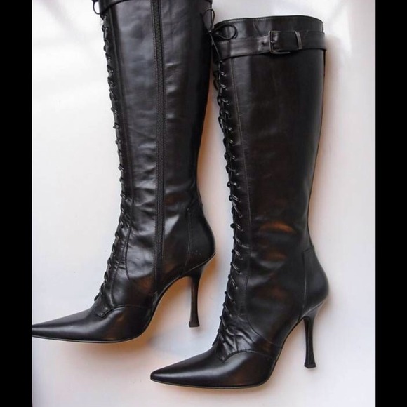 Charles David Black Leather Lace up Boots Pointy