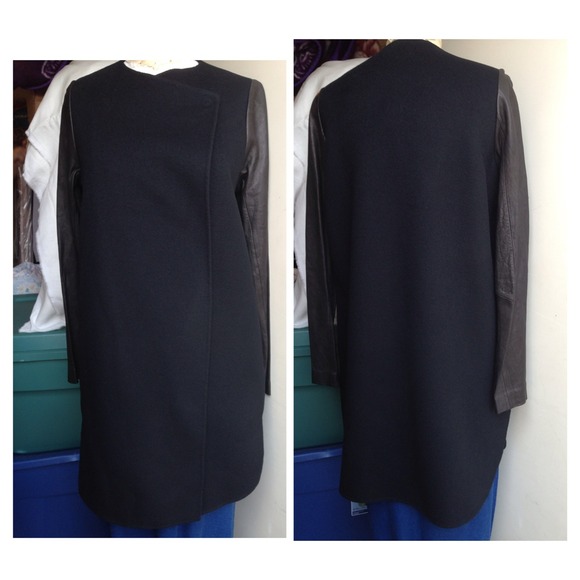 Vince black long coat with leather sleeves