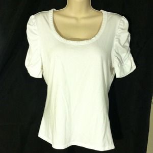 I•N•C white scoop neck top with ruched sleeves