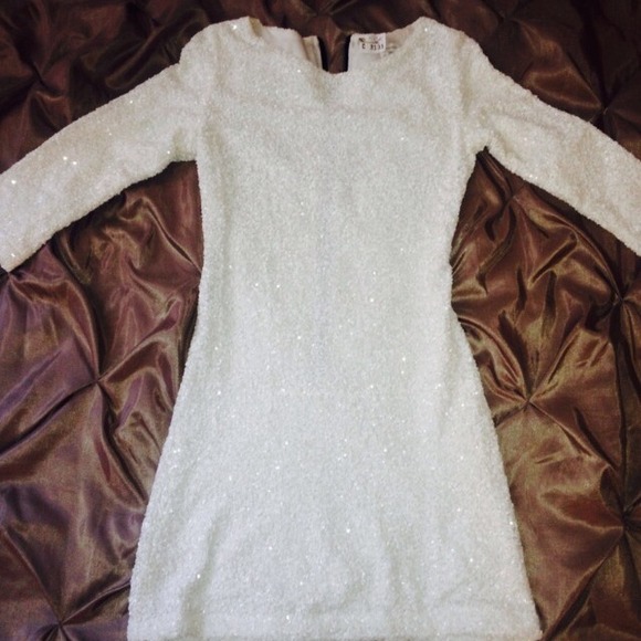 All white sequin, long sleeve cocktail dress