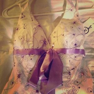 White dress, with purple print