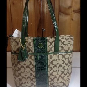 <SOLD> Coach SIS Python tote khaki/green