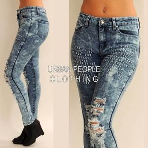 High waist acid wash distressed skinny jeans
