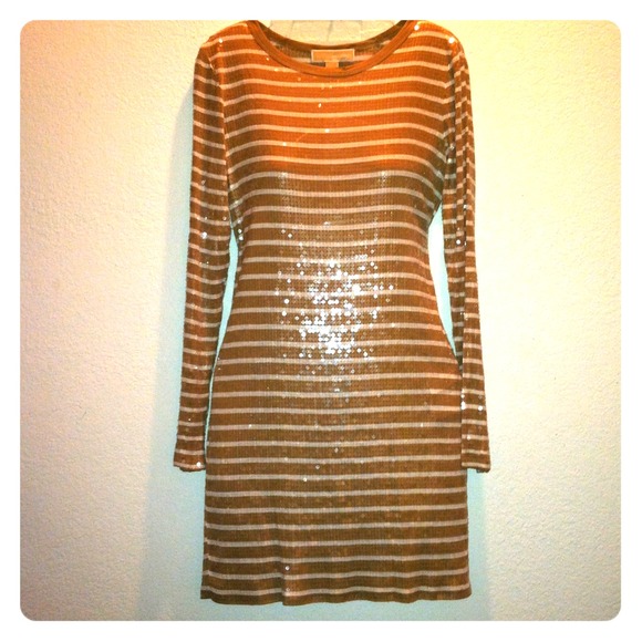 MK Sequin Dark Camel and White Stripe Tee Dress