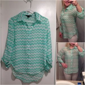 NWOT White/Mint Chevron Collared Top