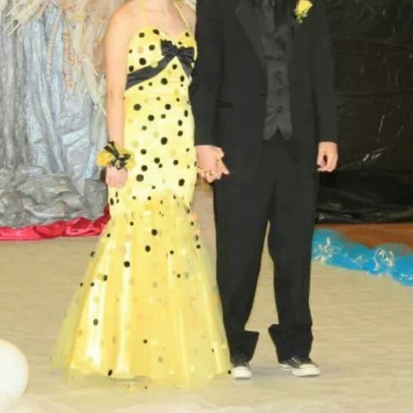 Yellow and Black Polka Dot Prom Dress
