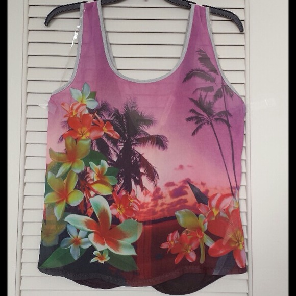 Sheer-front Tropical Floral Summer Tank Top Zipper