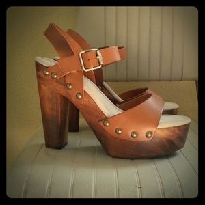 Never worn leather and wood platform sandals