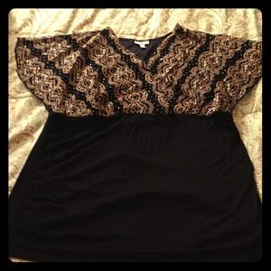 Black and gold lace short sleeved dressy top