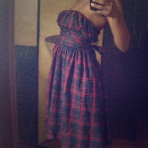 Red and green strapless plaid dress