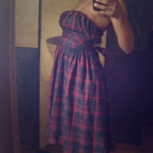 Red and green strapless plaid dress