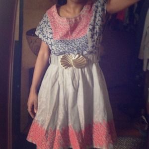 Knee length soft grey dress with floral stitching