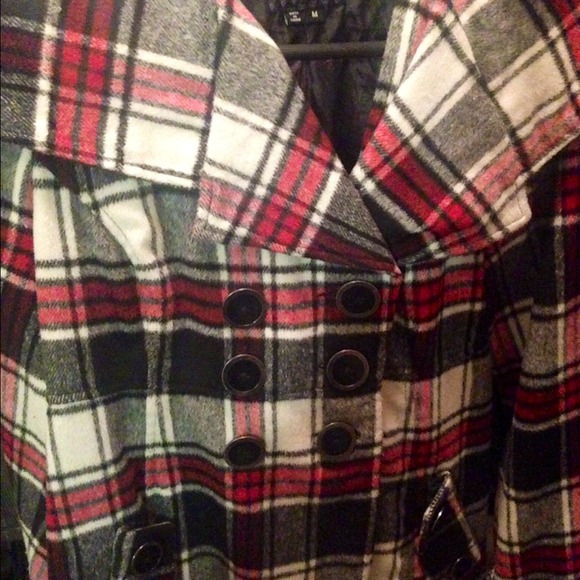 Black, red and white pea coat
