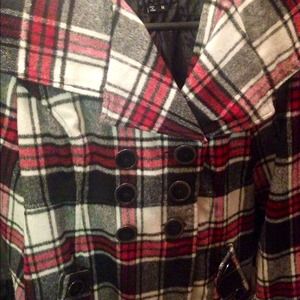 Black, red and white pea coat