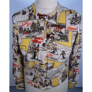 J. Crew cardigan with ski scene.