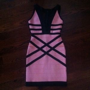NWOT coral & black woven back bandage dress