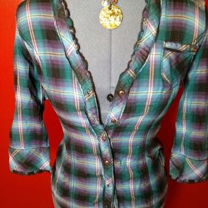 Guess Button Plaid Top