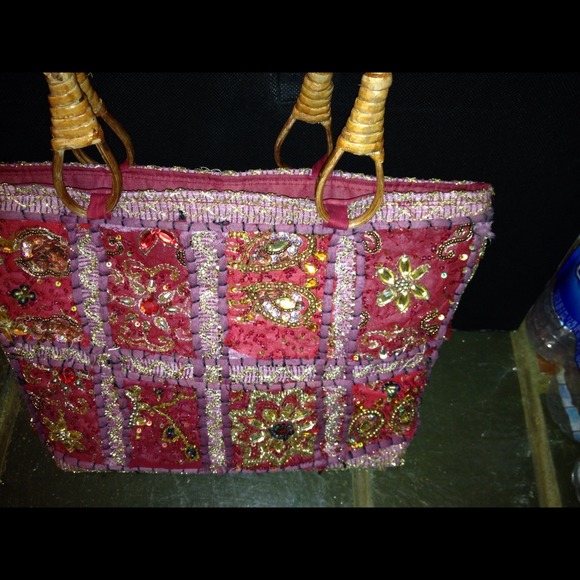 Beaded satin handbag with wooden handles
