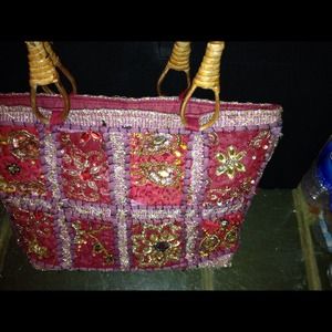 Beaded satin handbag with wooden handles