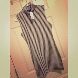 striped taupe/black short turtle neck dress