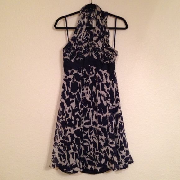 Reserved: BCBG Navy Blue & Gray Silk Halter Dress