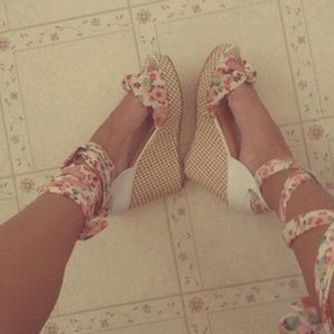 Floral and White Lace Up Wedges ..never worn