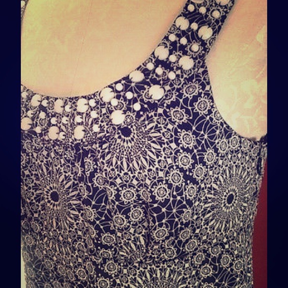 Ann Taylor,6P,Navy&White,Sheer,Jeweled Neck,Tank
