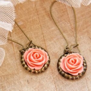 Handmade peach rosette dangle earrings