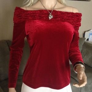 ConradC Tops - Beautiful red velvet like top cold shoulder ❤️ ConradC Tops - Beautiful red velvet like top cold shoulder ❤️