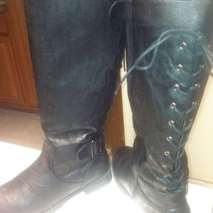 Women's Black Rider Boots w/Tie-Up Back