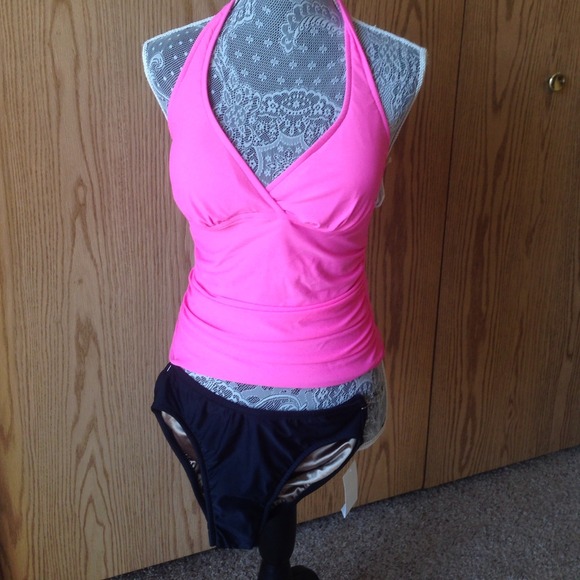 Pink Tankini with black bottoms