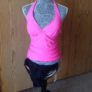 Pink Tankini with black bottoms