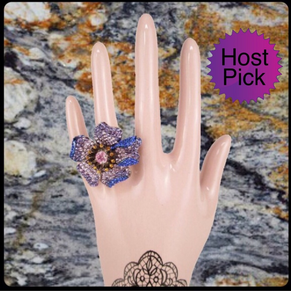 Blue Pink Yellow Crystal Flower Silver ring 6 NIB
