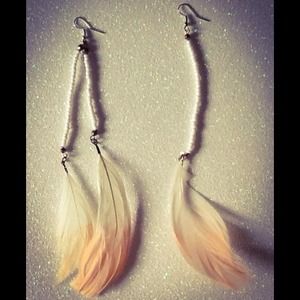 Pearl and Peach Feather Earrings