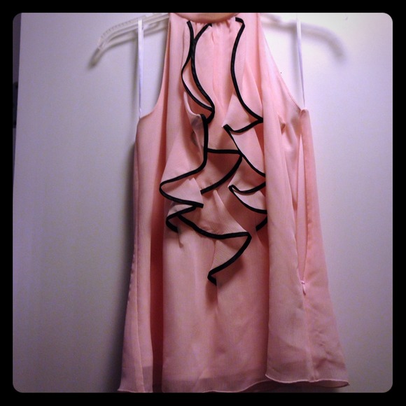 Feminine Light pink and black ruffle sheer blouse. - Picture 1 of 4