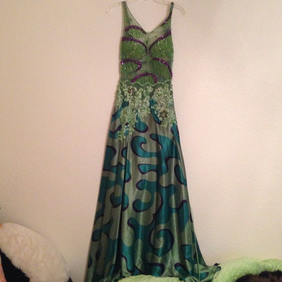 Mikael Aghal Green Purple Beaded Sheer Prom Dress