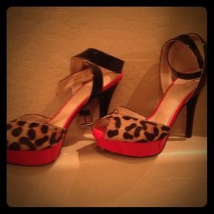 Red, black patent leather platform stilettos