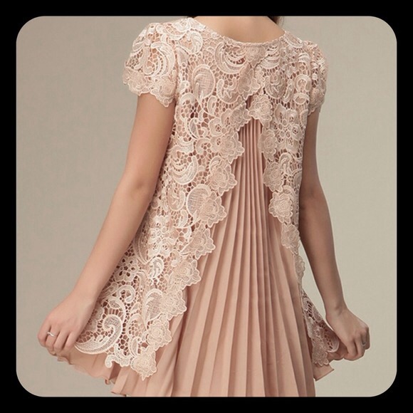 Pink pleated boho dress with lace overlay.