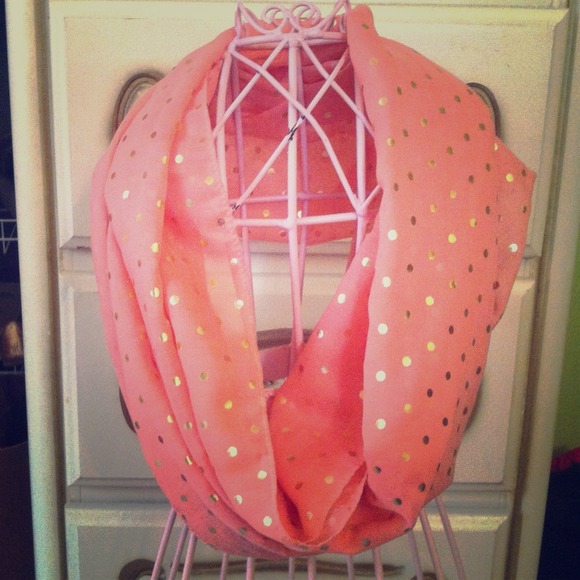Coral and gold polka dot infinity scarf.
