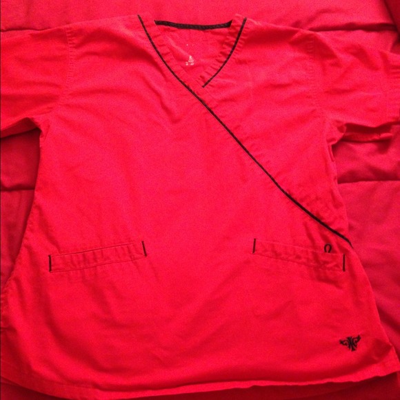 Red and black scrub top