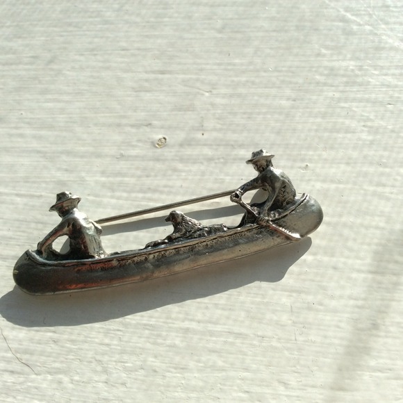 2 Men 1 Dog & Canoe Vintage Signed Brooch FABU!